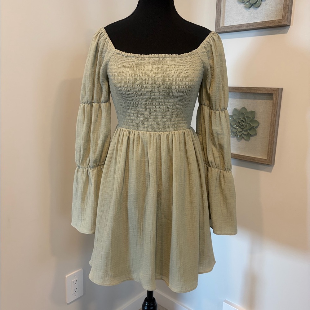 Sage The Label Smocked Torso Tiered Bell Sleeve Mini Dress in Sage Green EUC